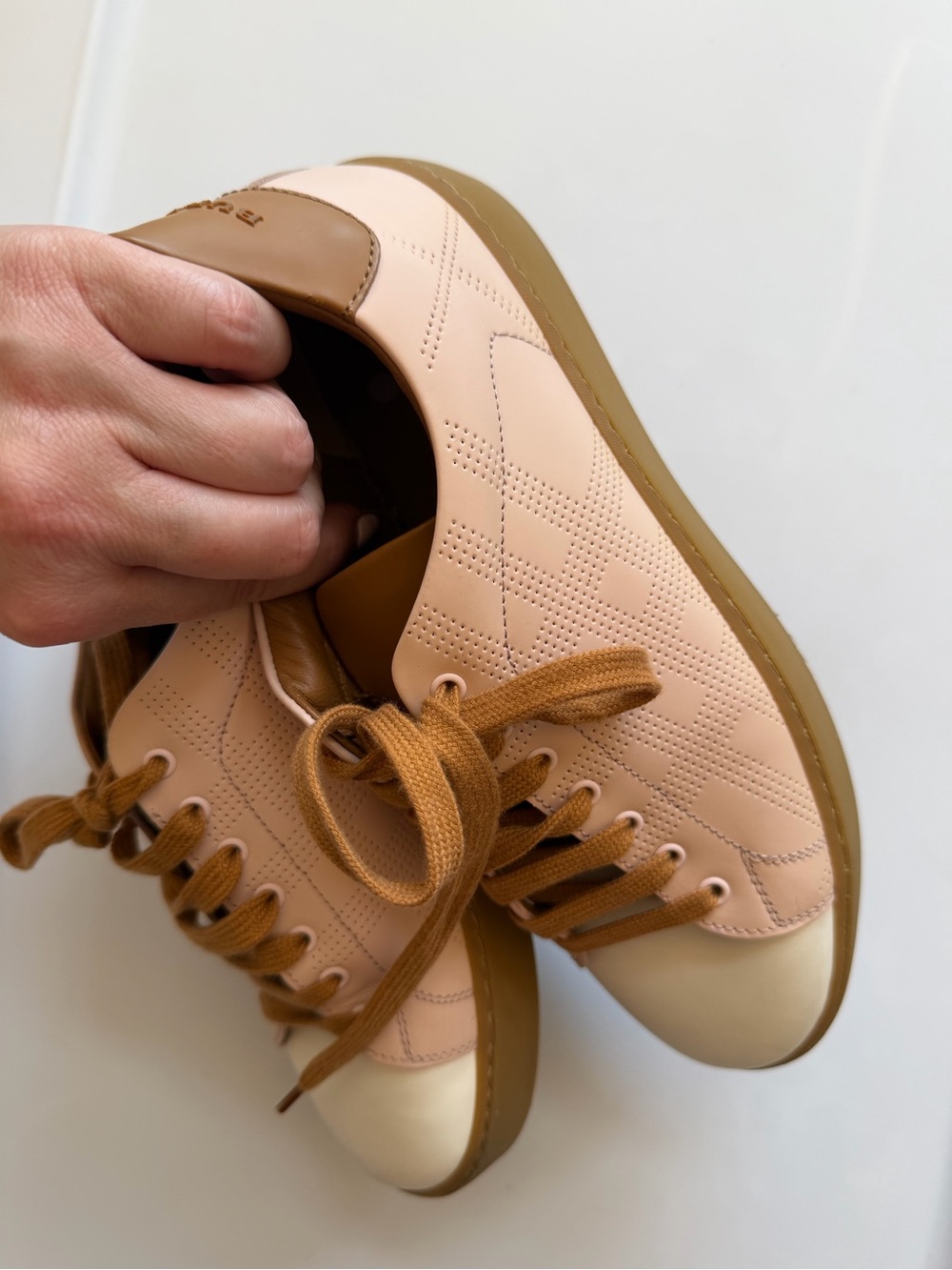 Burberry Leather Colorblock Pattern Sneakers Pink White Tan Brown 38 or 8 women - Picture 8 of 11